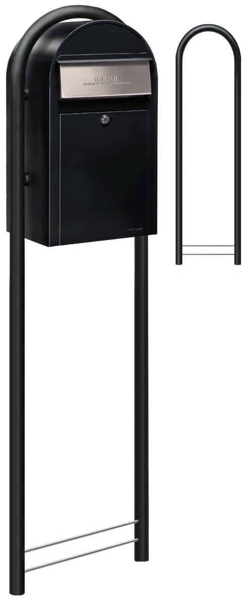 Bobi Grande Front Access Black Mailbox with Stainless Steel Mail Slot and Round Black  Post Combo