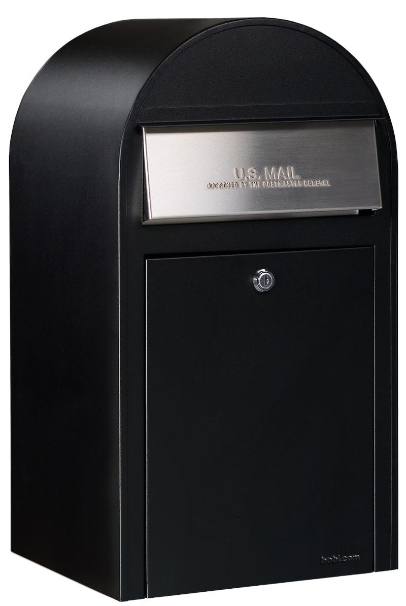 Bobi Grande Front Access Black Mailbox with Stainless Steel Mail Slot and Round Black  Post Combo