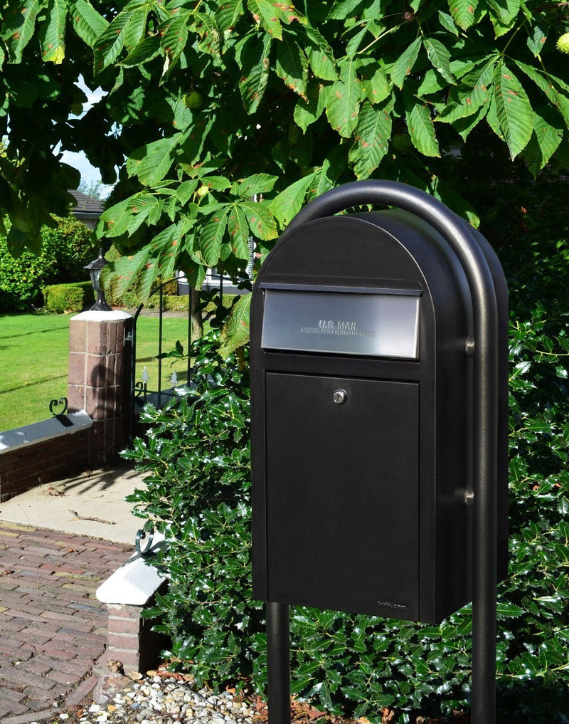 Bobi Grande Front Access Black Mailbox with Stainless Steel Mail Slot and Round Black  Post Combo