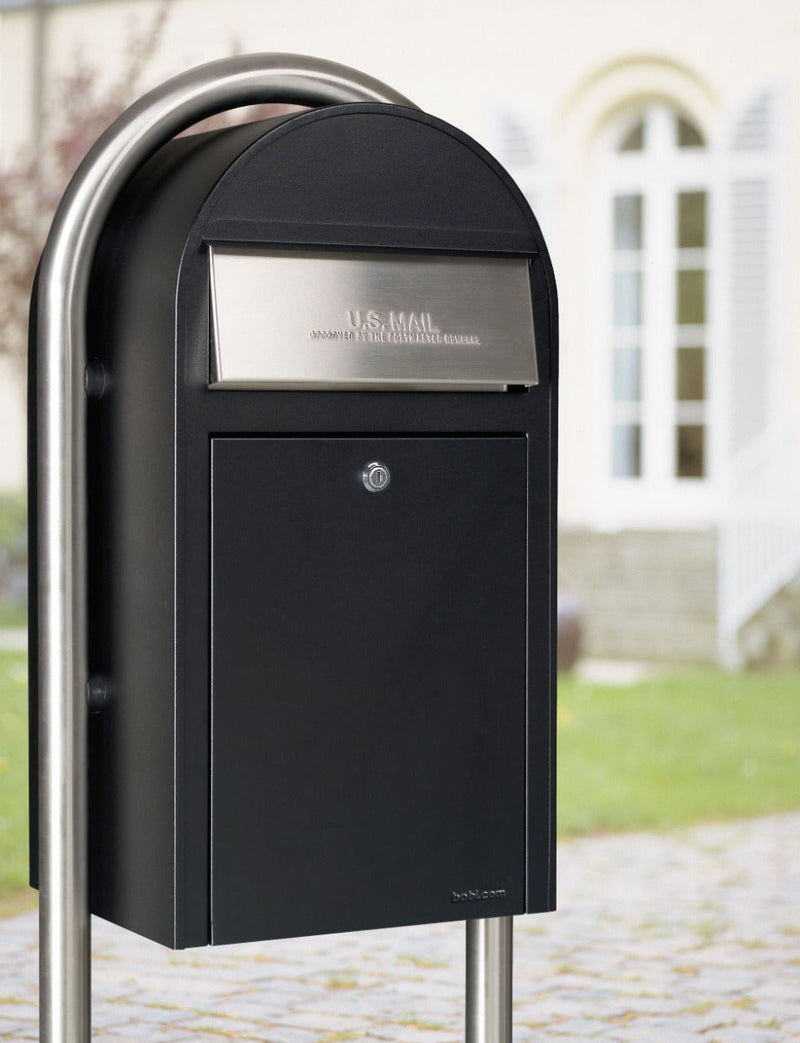 Bobi Grande Front Access Black Mailbox with Round Stainless Steel Post Combo