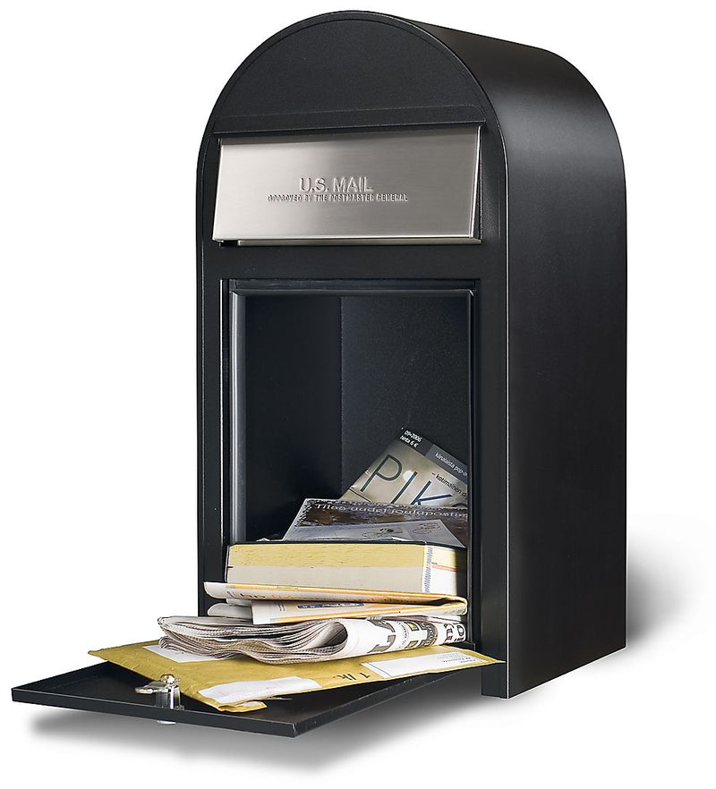 Bobi Grande Front Access Black Mailbox with Stainless Steel Mail Slot and Round Green  Post Combo