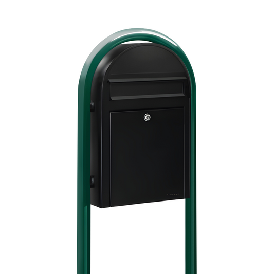 Bobi Classic Slim Front Access Modern Locking Black Mailbox and Round Green Post Combo