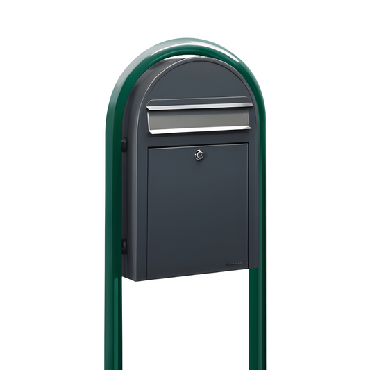 Bobi Classic Slim Front Access Modern Locking Grey Mailbox with Stainless Steel Mail Slot and Round Green Post Combo
