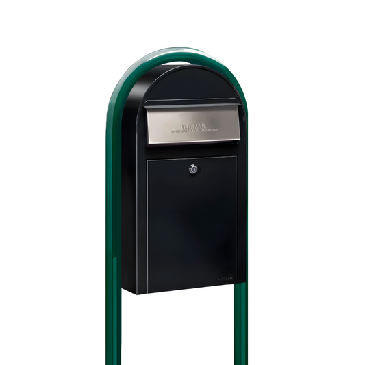 Bobi Grande Slim Front Access Black Mailbox with Stainless Steel Mail Slot and Round Green Post Combo