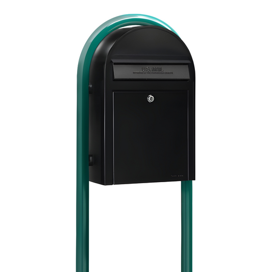 Bobi Classic Front Access Black Mailbox and Round Green Post Combo