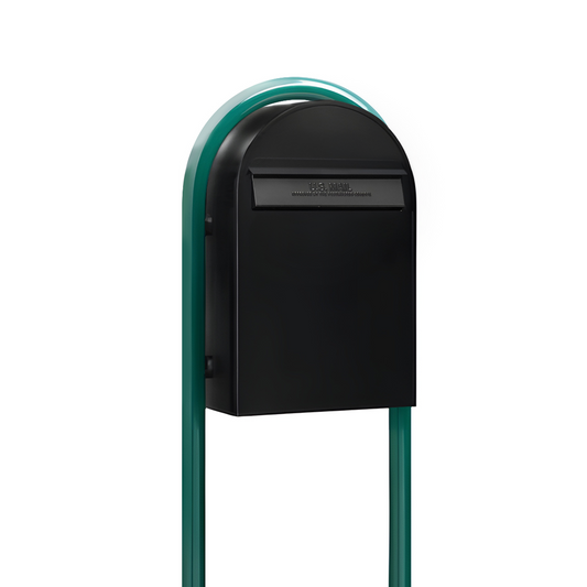 USPS Approved Bobi Classic B Rear Access Modern Locking Black Mailbox and Round Green Post Combo