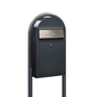Bobi Grande Slim Front Access Grey Mailbox with Stainless Steel Mail Slot and Round Grey Post Combo