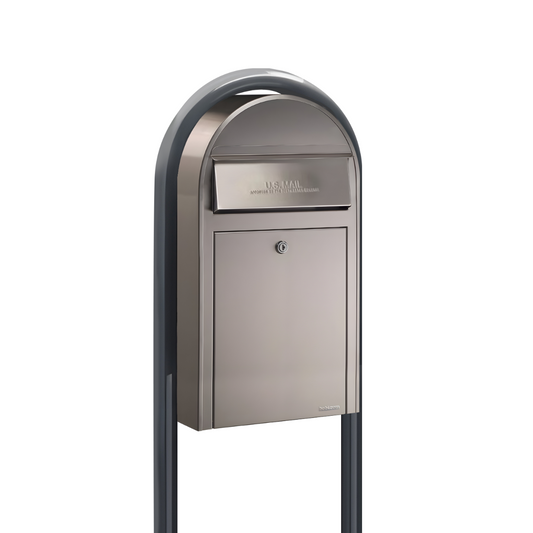 Bobi Grande Slim Front Access Stainless Steel Mailbox with Round Grey Post Combo