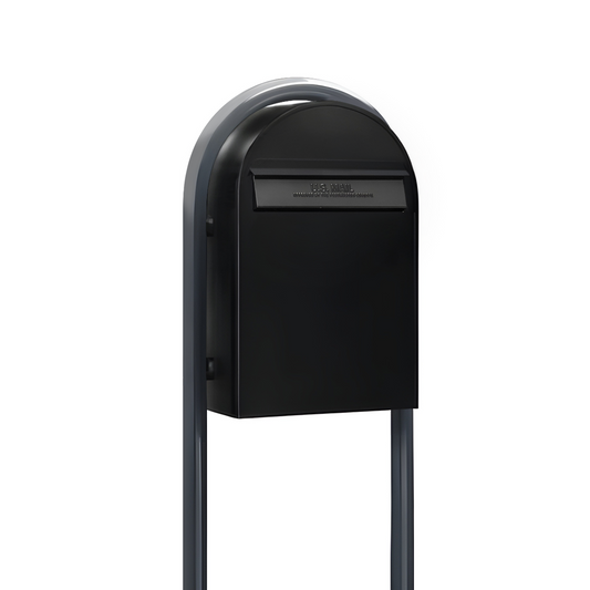USPS Approved Bobi Classic B Rear Access Modern Locking Black Mailbox and Round Grey Post Combo