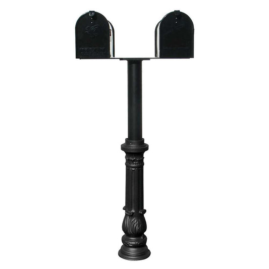The Hanford TWIN (no scrolls) mailbox post system with ornate base and E1 mailbox