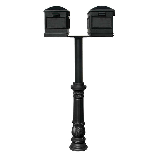 The Hanford TWIN (no scrolls) mailbox post system with ornate base and Lewiston mailbox