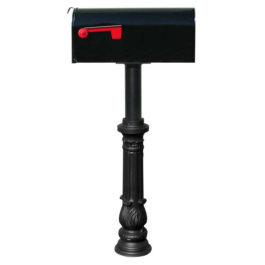 The Hanford SINGLE mailbox post system with ornate base and E1 mailbox