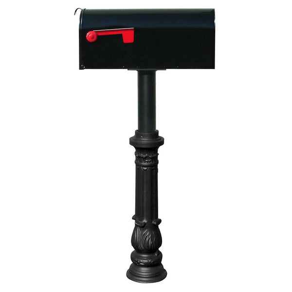 The Hanford SINGLE mailbox post system with ornate base and E1 mailbox