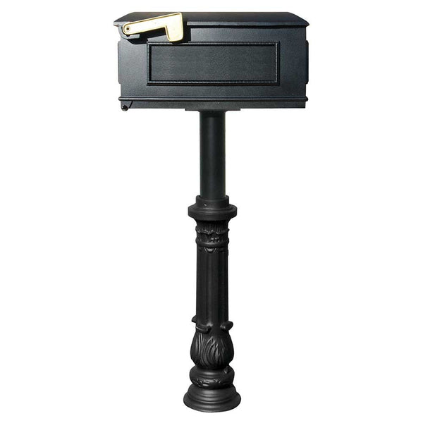 The Hanford SINGLE mailbox post system with ornate base and Lewiston mailbox