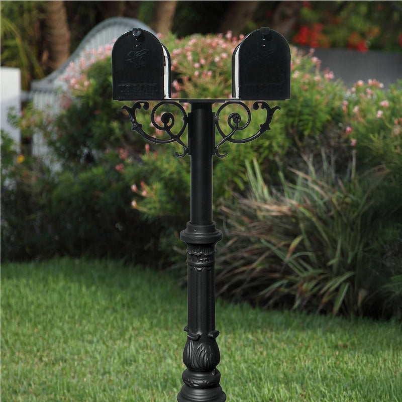 The Hanford TWIN mailbox post system w/Scroll Supports, ornate base, and mailbox
