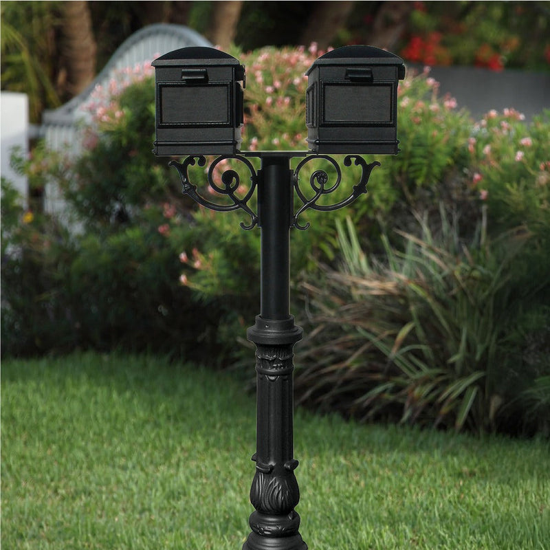 The Hanford TWIN mailbox post system w/Scroll Supports, ornate base, and Lewiston mailbox