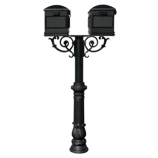 The Hanford TWIN mailbox post system w/Scroll Supports, ornate base, and Lewiston mailbox