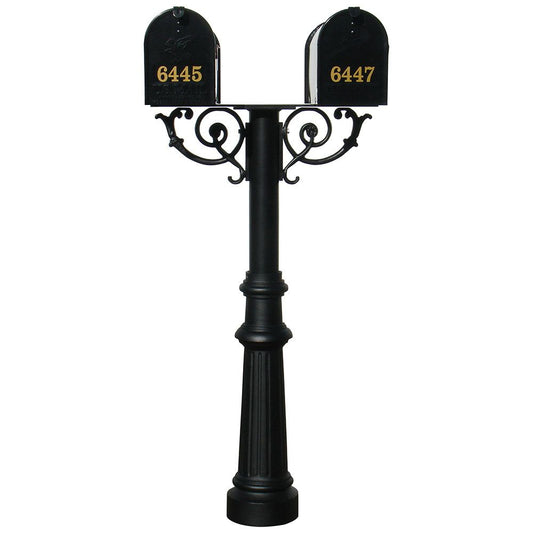 The Hanford TWIN mailbox post system w/Scroll Supports, fluted base, and E1 mailbox