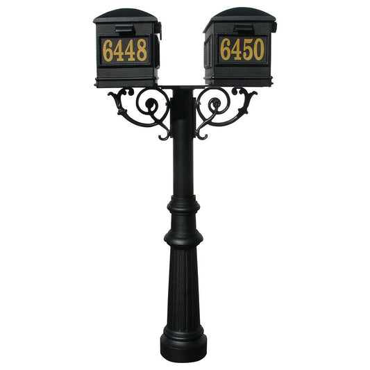 The Hanford TWIN mailbox post system w/Scroll Supports, fluted base, and Lewiston mailbox
