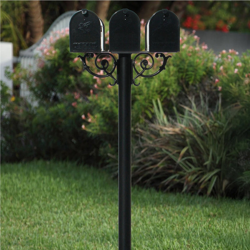 The Hanford TRIPLE mailbox post system w/Scroll Supports and E1 mailbox