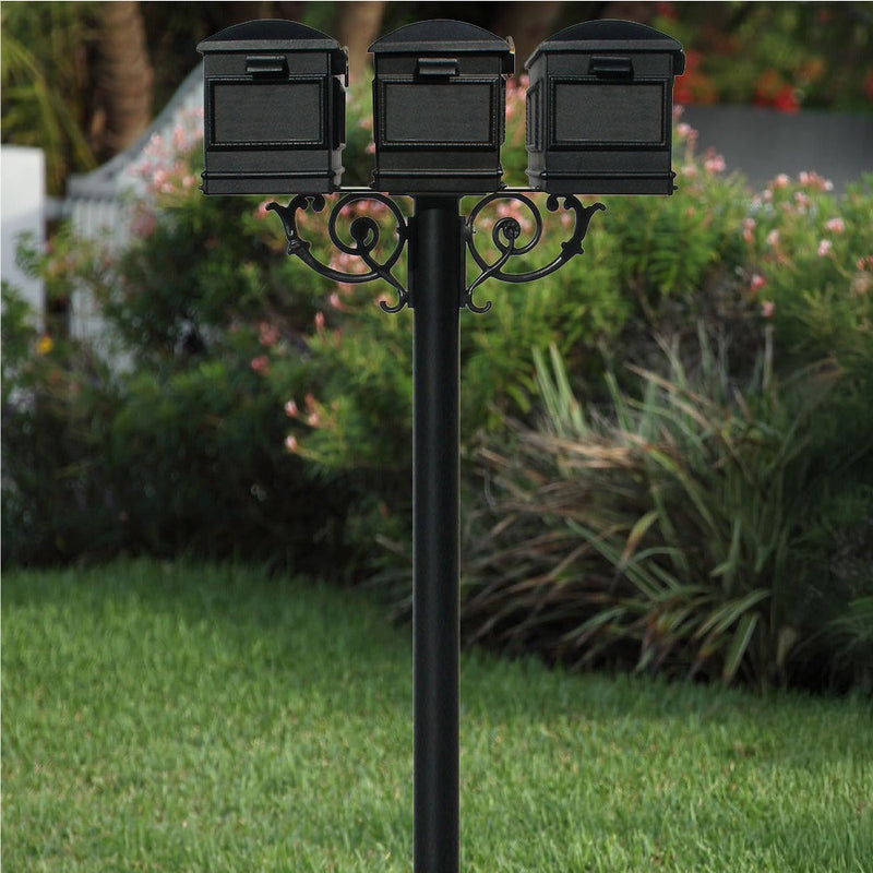The Hanford TRIPLE mailbox post system w/Scroll Supports and Lewiston mailbox