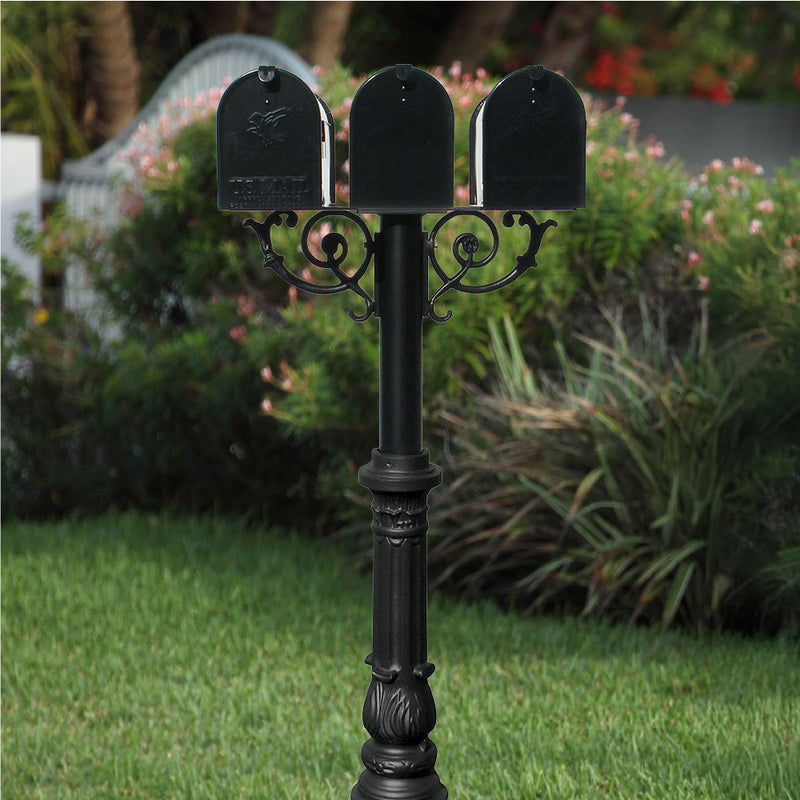 The Hanford TRIPLE mailbox post system w/Scroll Supports, ornate base, and mailbox