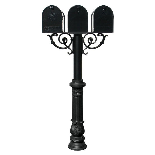 The Hanford TRIPLE mailbox post system w/Scroll Supports, ornate base, and mailbox