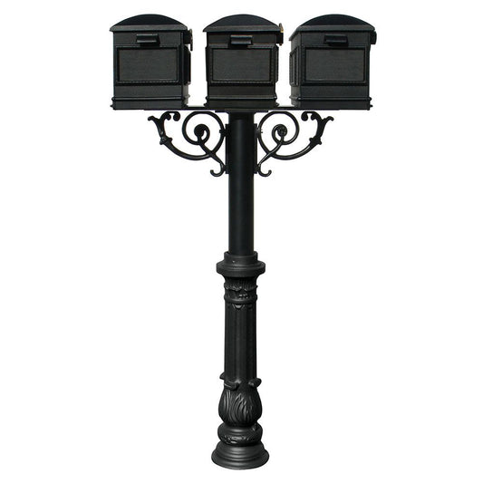 The Hanford TRIPLE mailbox post system w/Scroll Supports, ornate base, and Lewiston mailbox