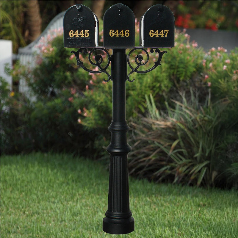 The Hanford TRIPLE mailbox post system w/Scroll Supports, fluted base, and E1 mailbox