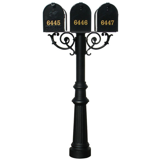 The Hanford TRIPLE mailbox post system w/Scroll Supports, fluted base, and E1 mailbox