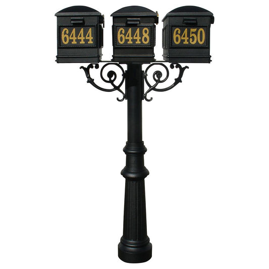 The Hanford TRIPLE mailbox post system w/Scroll Supports, fluted base, and Lewiston mailbox