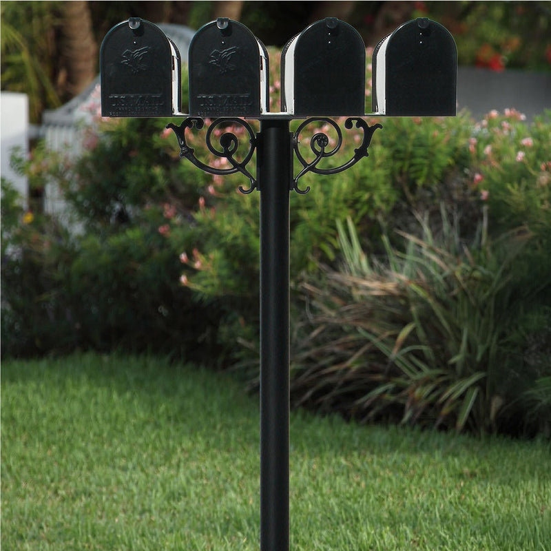 The Hanford QUAD mailbox post system w/Scroll Supports and E1 mailbox