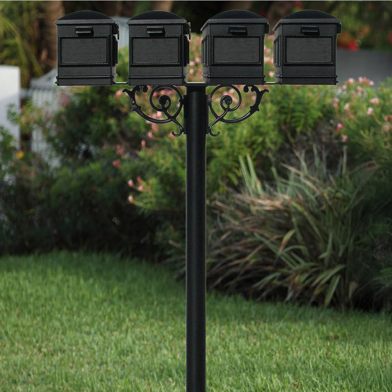 The Hanford QUAD mailbox post system w/Scroll Supports and Lewiston mailbox
