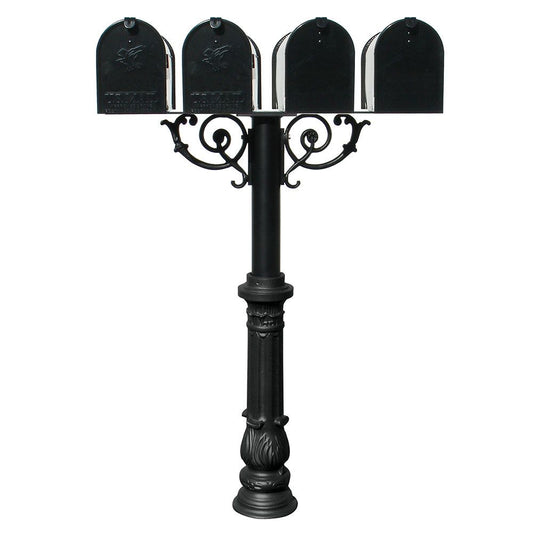 The Hanford QUAD mailbox post system w/Scroll Supports, ornate base, and mailbox