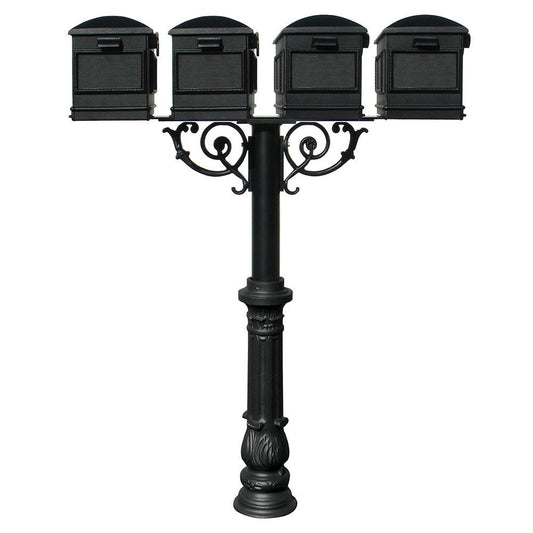 The Hanford QUAD mailbox post system w/Scroll Supports, ornate base, and Lewiston mailbox
