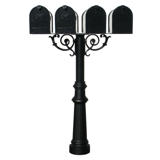 The Hanford QUAD mailbox post system w/Scroll Supports, fluted base, and E1 mailbox