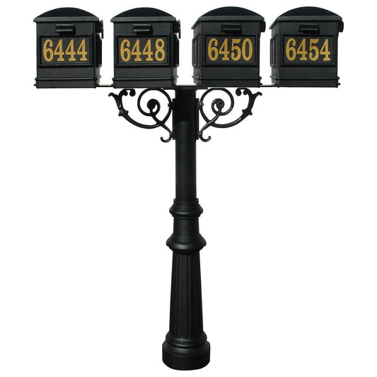 The Hanford QUAD mailbox post system w/Scroll Supports, fluted base, and Lewiston mailbox