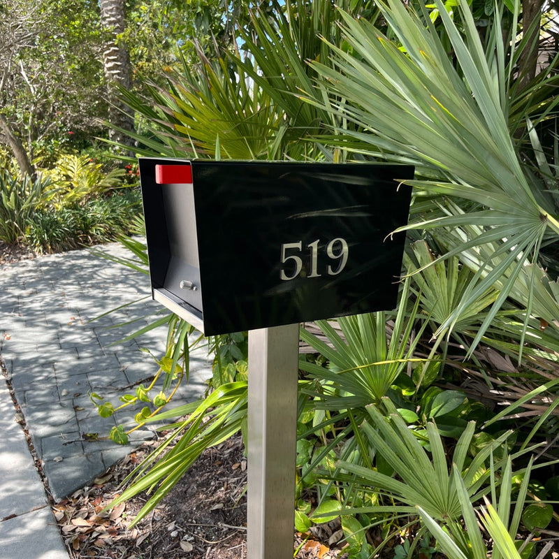 Ted Stuff Quick-Ship Uptown Modern Post Mounted Mailbox in White and Black with Stainless Steel Stick on Numbers