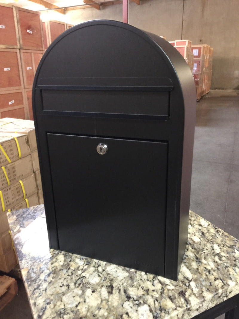 Bobi Classic Slim Front Access Modern Locking Black Mailbox and Round Green Post Combo