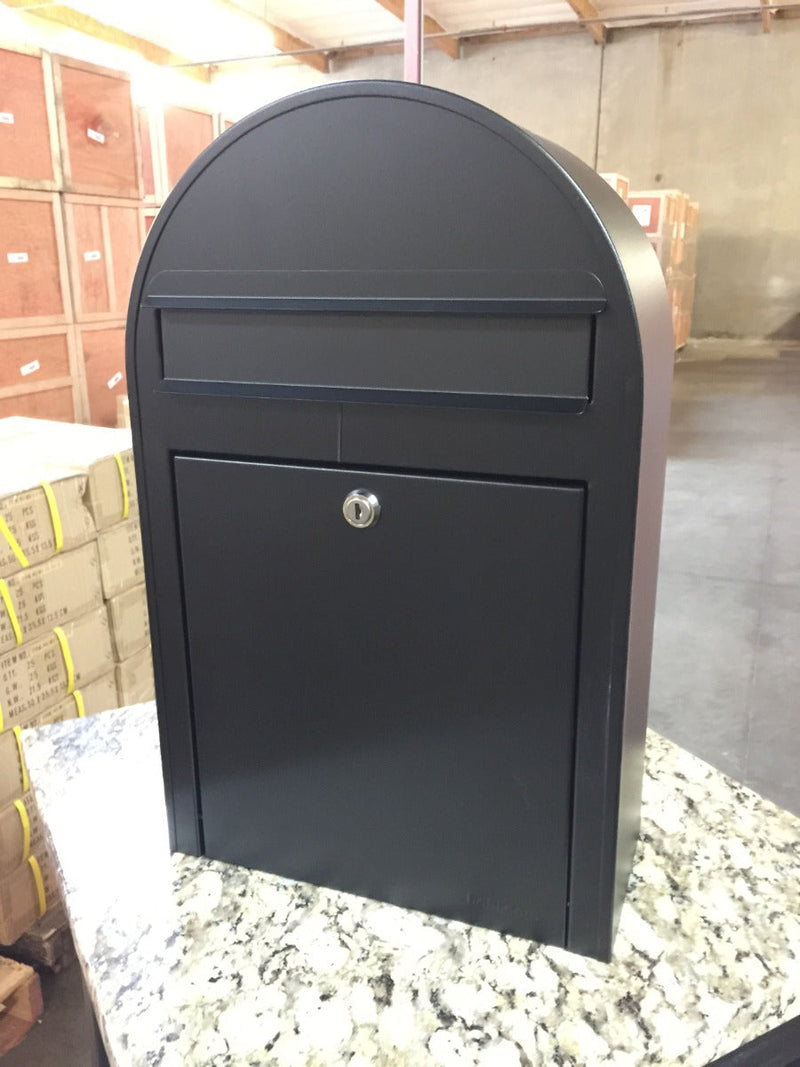 Bobi Classic Slim Front Access Modern Locking Black Mailbox and Round Black Post Combo