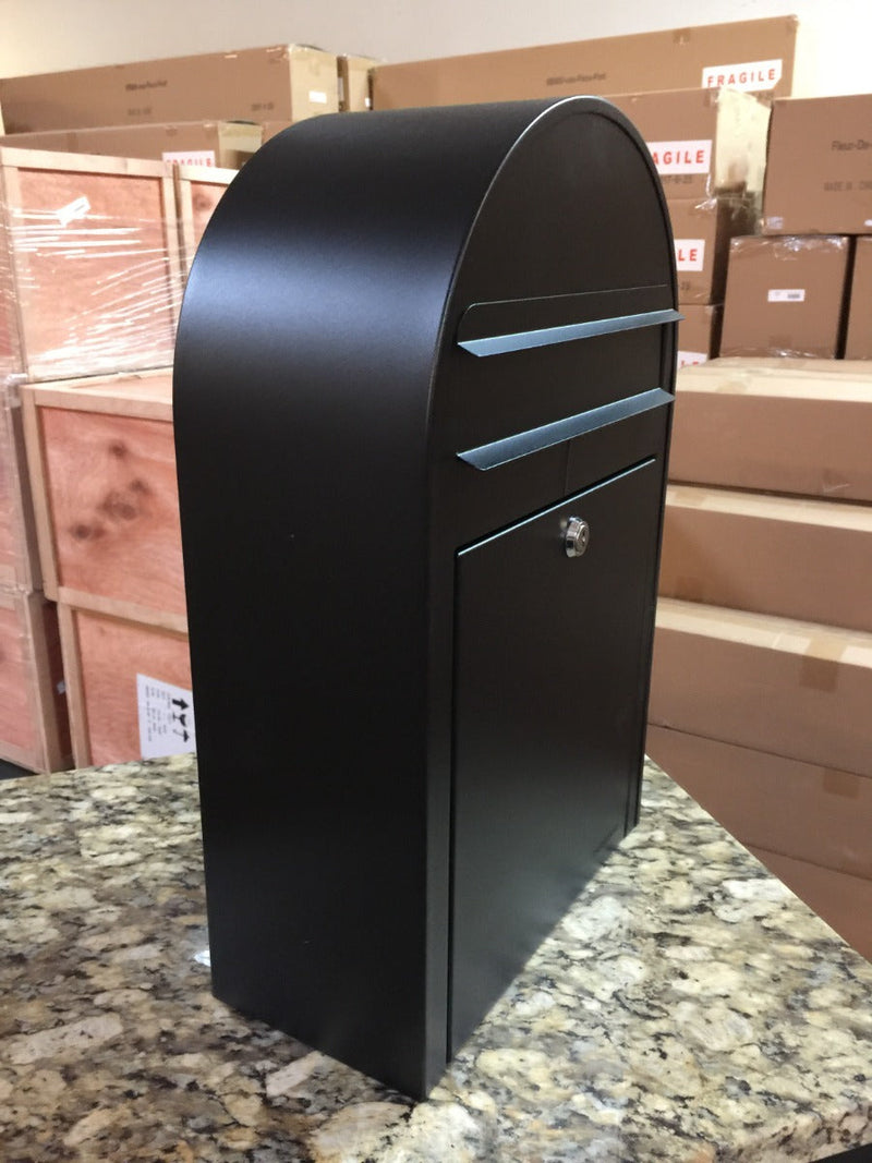 Bobi Classic Slim Front Access Modern Locking Black Mailbox and Round Black Post Combo