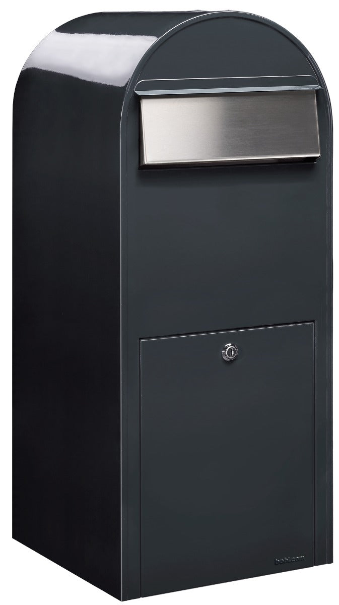 Bobi Jumbo Front Access Package Grey Mailbox with Stainless Steel Mail Slot and Round Green Post Combo