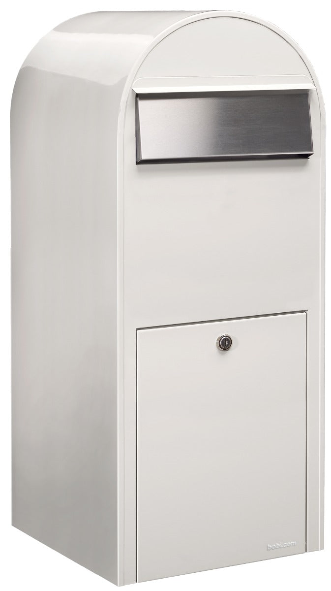 Bobi Jumbo Front Access Package White Mailbox with Stainless Steel Mail Slot and Round Grey Post Combo