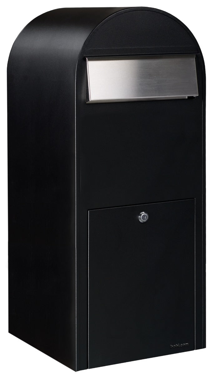 Bobi Jumbo Front Access Package Black Mailbox with Stainless Steel Mail Slot and Round Grey Post Combo