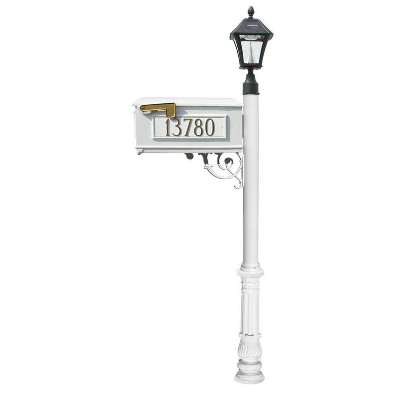 Lewiston Mailbox and Lewiston Post with 3 Address Plates (Sides, Front), Support Brace and Ornate Base, with Black Bayview Solar Lamp
