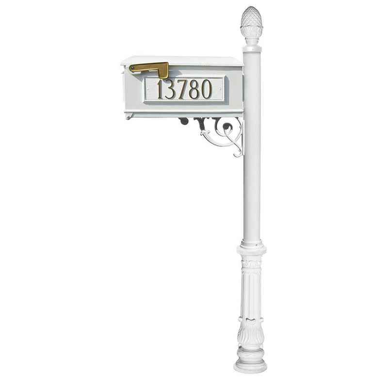 Lewiston Mailbox and Lewiston Post (with Ornate Base and Pineapple Finial), with 3 Address Plates (Sides, Front) and Support Brace