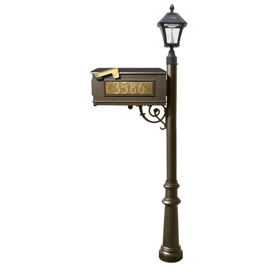Lewiston Mailbox and Lewiston Post with 3 Address Plates (Sides, Front), Support Brace and Fluted Base, with Black Bayview Solar Lamp