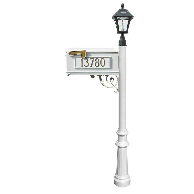 Lewiston Mailbox and Lewiston Post with 3 Address Plates (Sides, Front), Support Brace and Fluted Base, with Black Bayview Solar Lamp