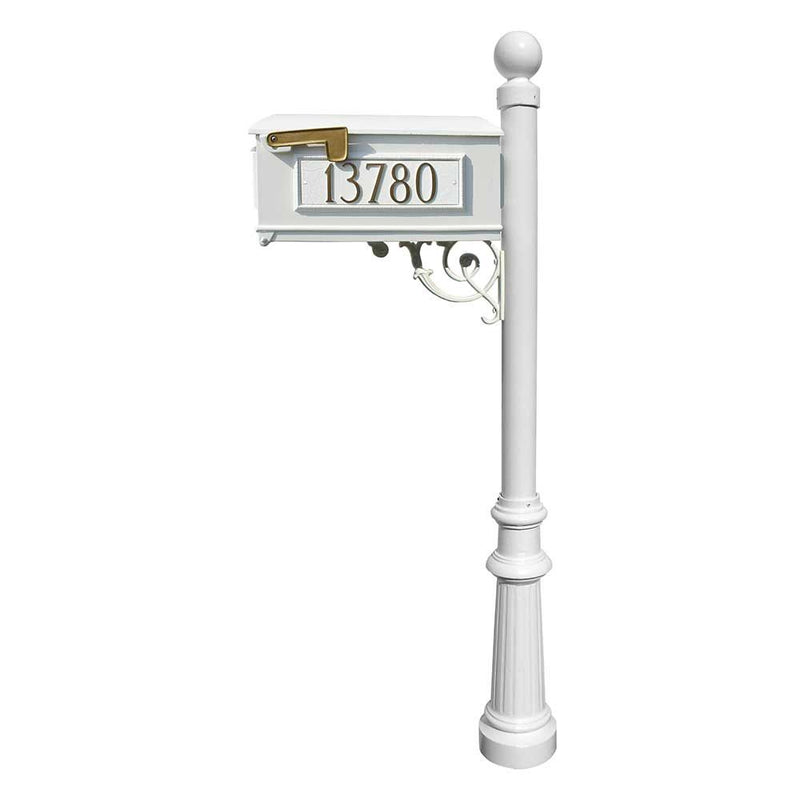 Lewiston Mailbox and Lewiston Post (with Fluted Base and Ball Finial), with 3 Address Plates (Sides, Front) and Support Brace