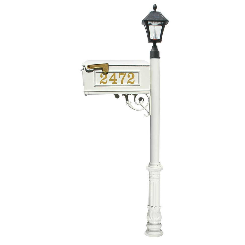 Lewiston Mailbox and Lewiston Post with Vinyl Numbers, Support Brace, and Ornate Base, with Black Bayview Solar Lamp